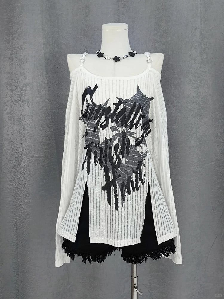 Y2K Slit Black/White Off-the-shoulder Graphic Hem Neckline Coverup