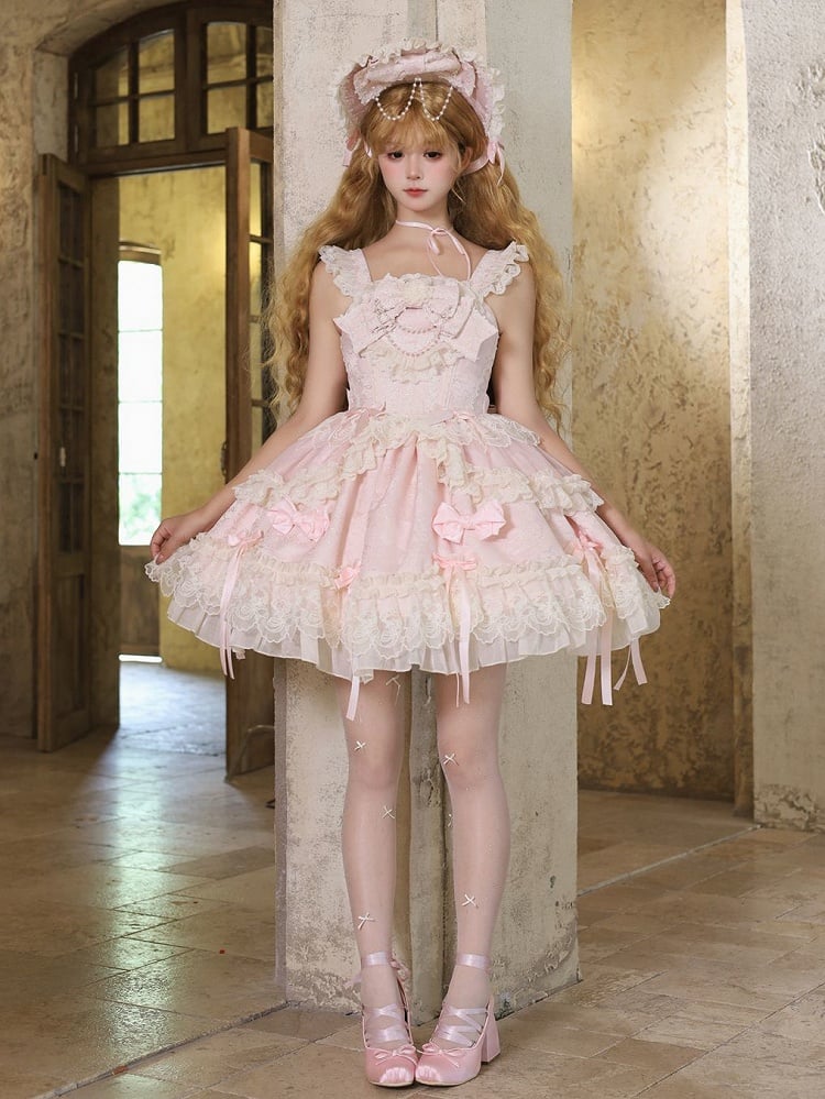 Fabric Pink Lolita Sweet Dress Bow Jacquard Accents Jumper Skirt