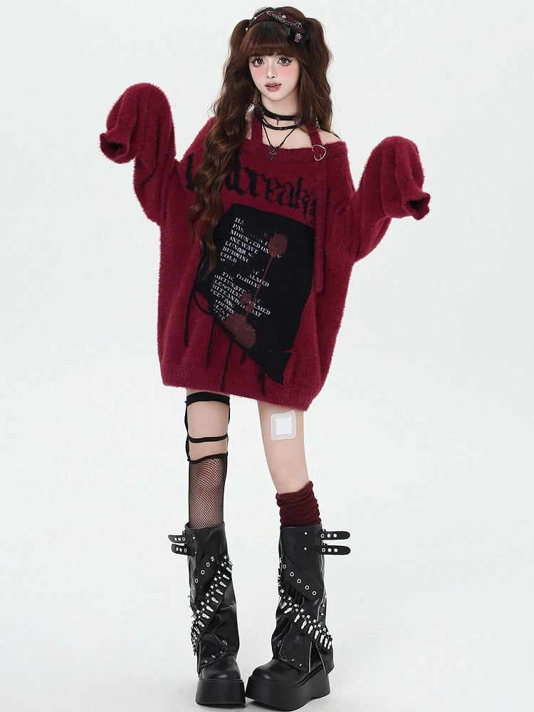 Schwarz/Weinrot/Lila Neckholder-Pullover mit Buchstabengrafik