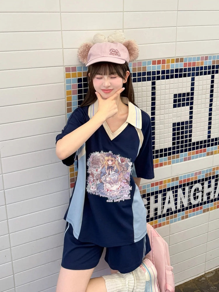 Version Navy Blue Colorblock Design V-neck Anime Girl Print T-shirt Long/Short