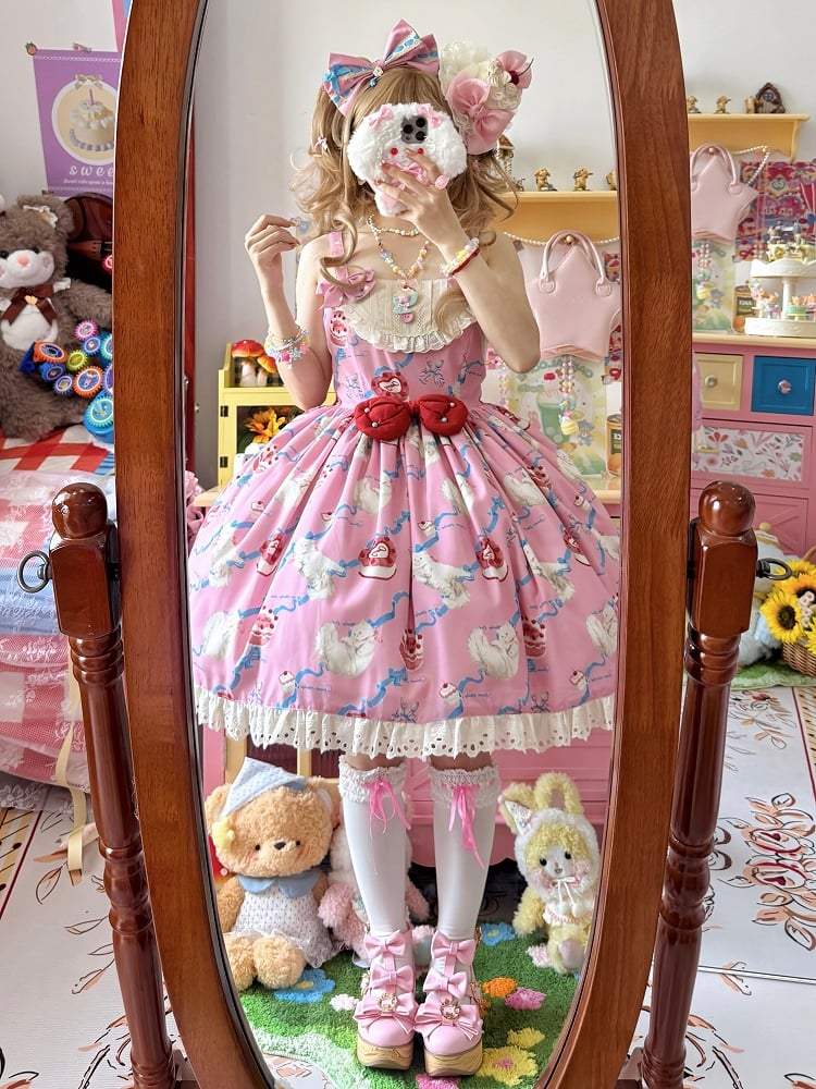 Kitty Cake Fashion Dress Sweet and Showa Pink Lolita Print Cherry