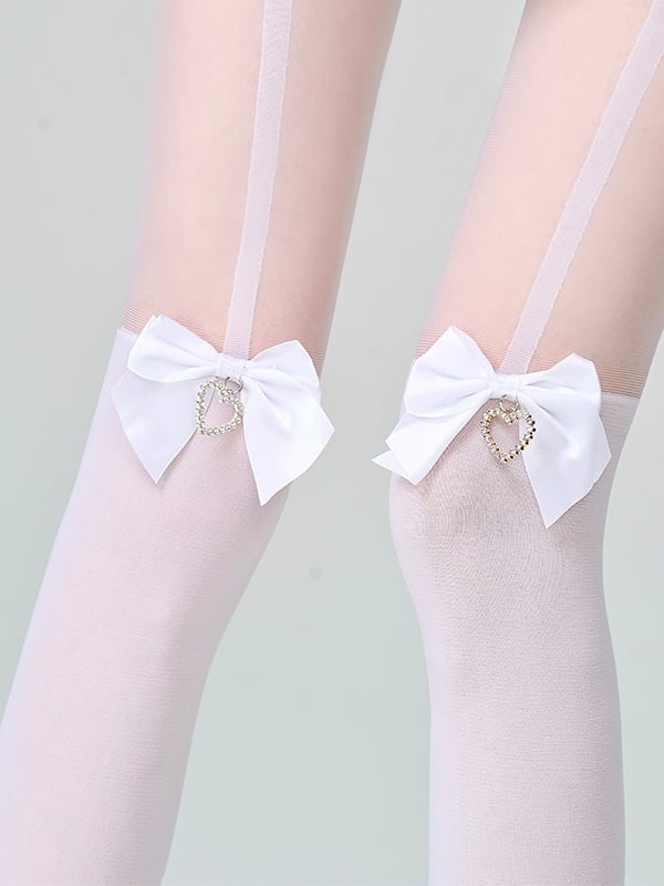 White/Black Jirai Kei Bowknot Suspender Tights With Heart-shaped Rhinestone Charm