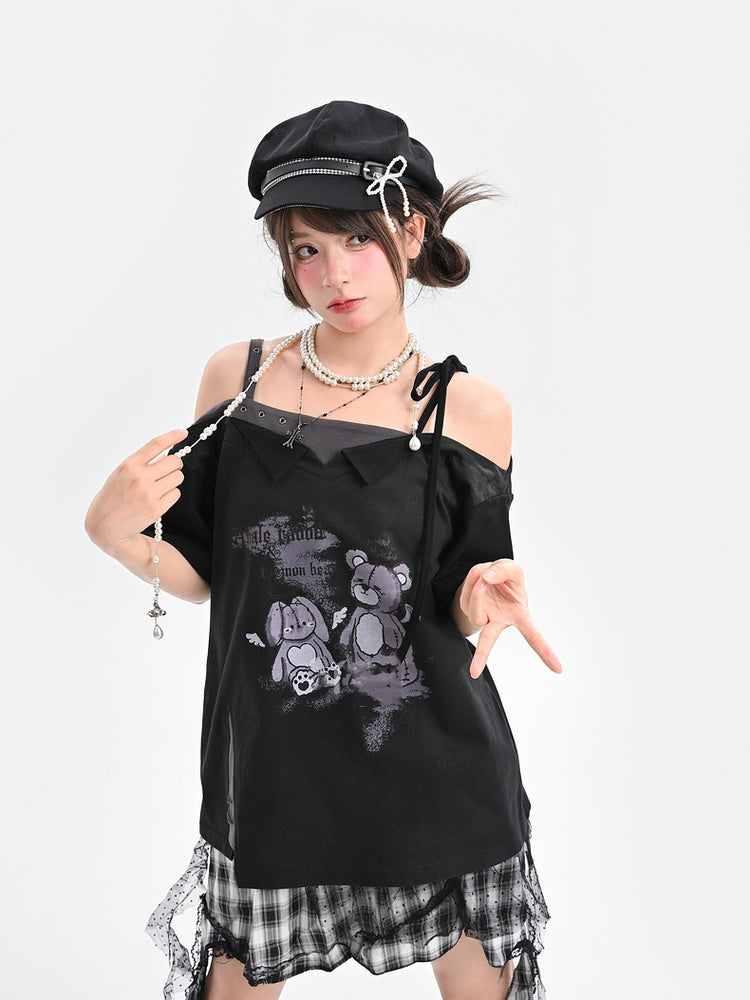 Black Off-the-shoulder Neckline Teddy Bear Print T-Shirt