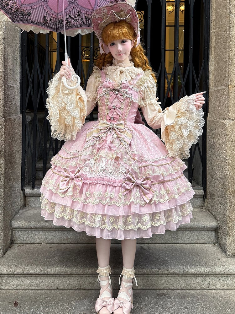 Bow Chain Bead Neckline Pink Lolita Dress Princess Flower Gorgeous