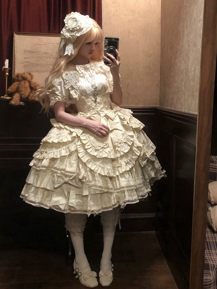 Accents Dress Beige Layered Hem Under Ruffle Sweet Lolita with Bust Bow