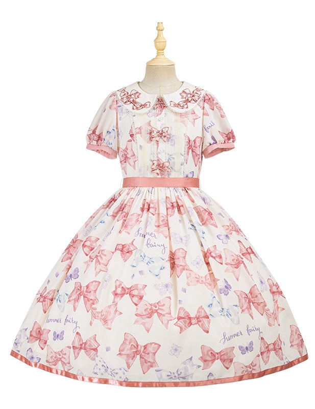 Rosa Lolita-Kleid mit Schleife und Peter-Pan-Kragen, Schleifen und Schmetterlingsdruck, einteilig