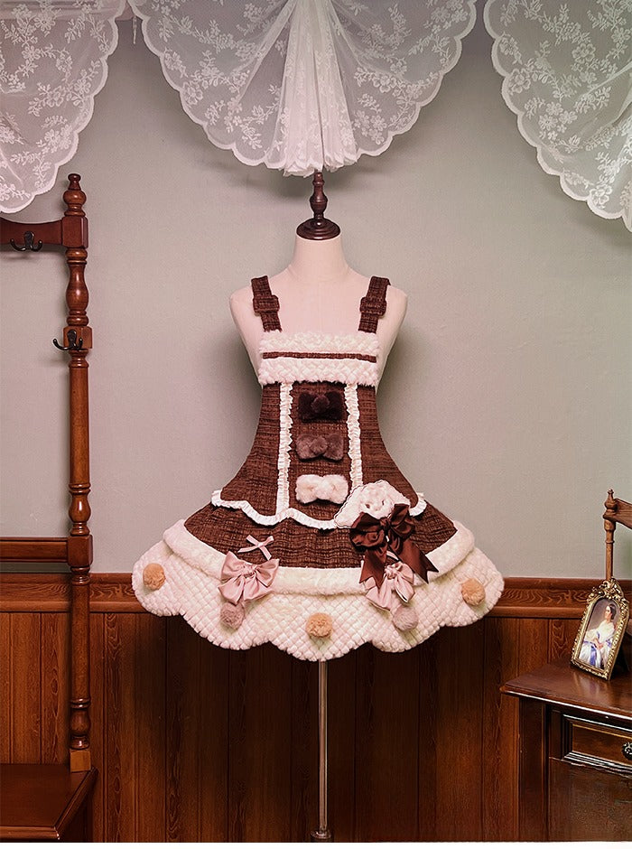 Dress and with Scalloped Brown White Sweet Trim Lolita Overalls Pom-poms Bowknots Edge