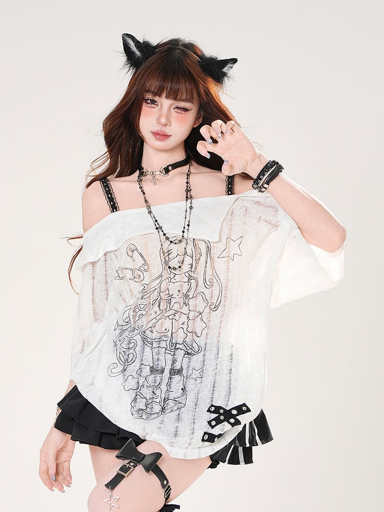 Ausschnitt Lose Schwarz/Weiß Mädchen Print T-shirt Off-the-shoulder
