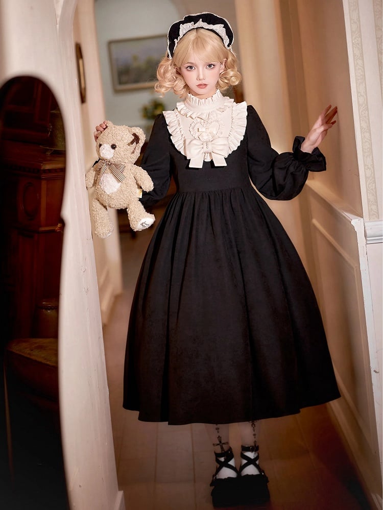 Beige Ruffle Neckline Black High Waist Long Balloon Sleeves Lolita Dress Long Version