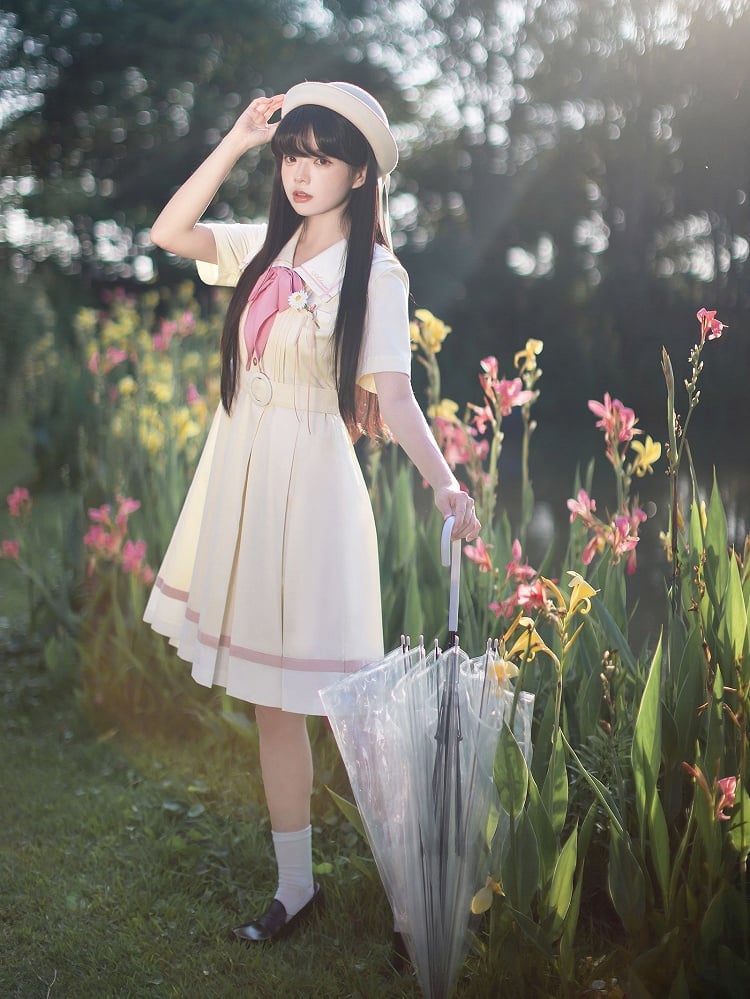 with Pleat Box Sailor Yellow Milk Waist Dress Skirt Collar Belt