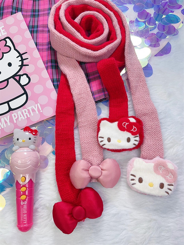 Red/Pink Y2K Kitty Design Knitted Scarf