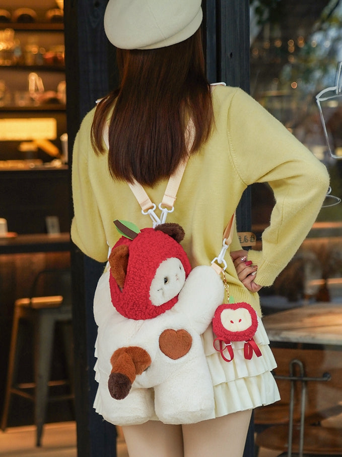 Red Cute Apple Plush Keychian Middle/Large Bag Backpack White Hat Heart Kitty Size + Backpack/Crossbody
