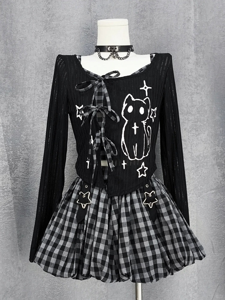 Plaid Bubble Skirt Y2K Gray / Red Star Buckles Black Black