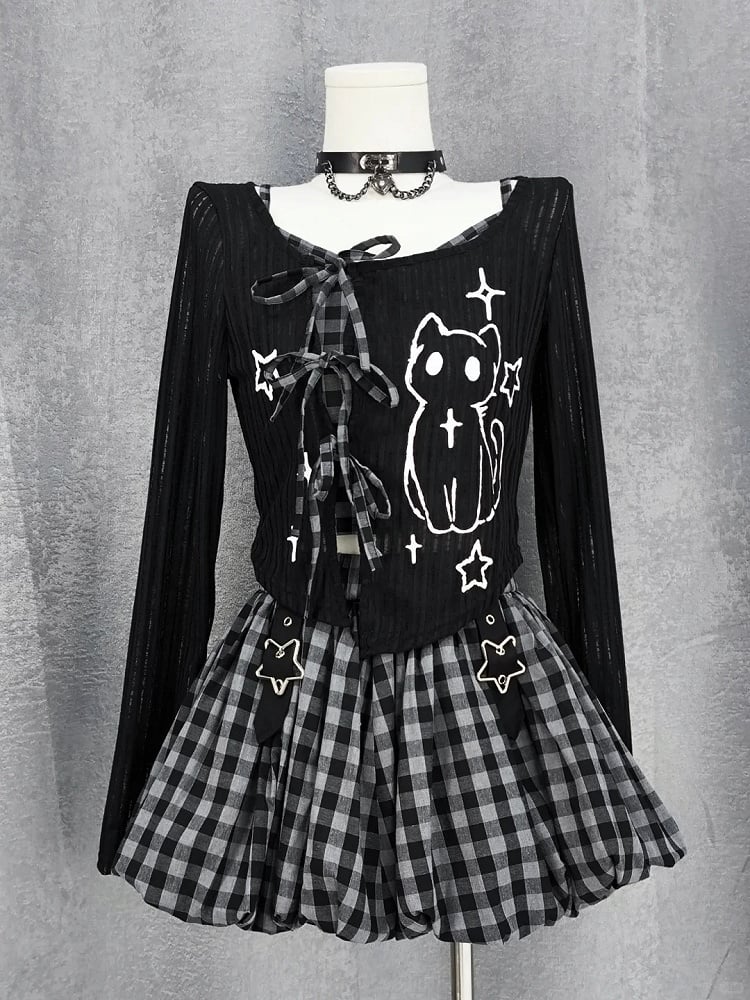 Y2K Coverup Set Plaid Cami Top with Kitten Print Black Red/Gray