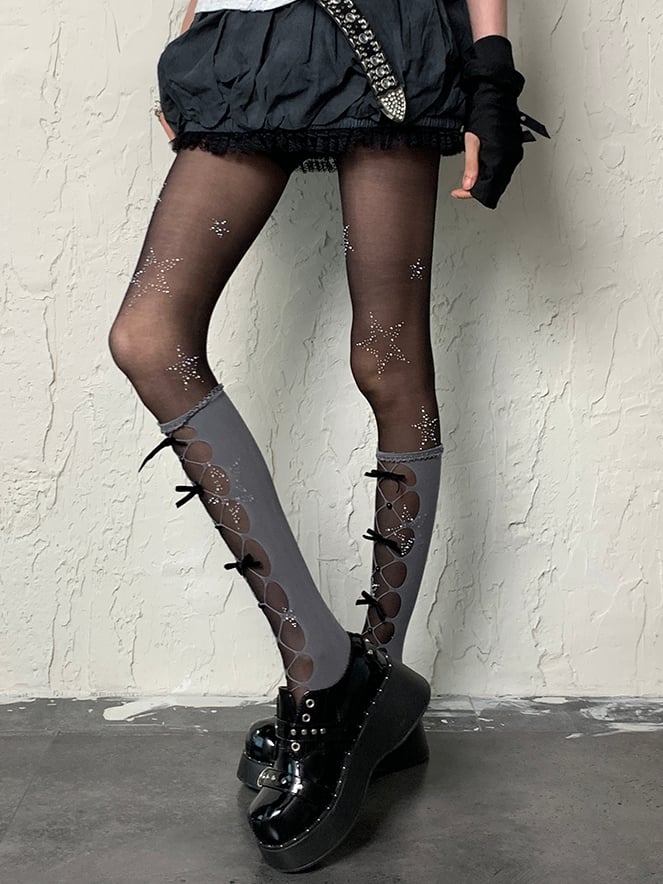 Y2K Star Black Rhinestone Decorated Tights