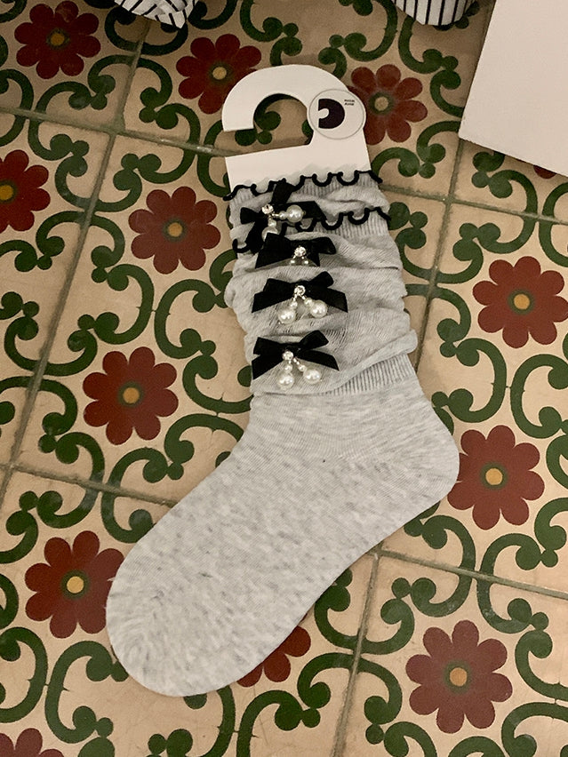 Charm Details Socks Calf Beaded White/Black/Gray Bowknot