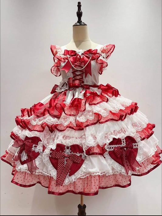 Jumper White Bows Lolita Princess Red Heart-shaped Skirt Decoration Hanayome Layered and Dress