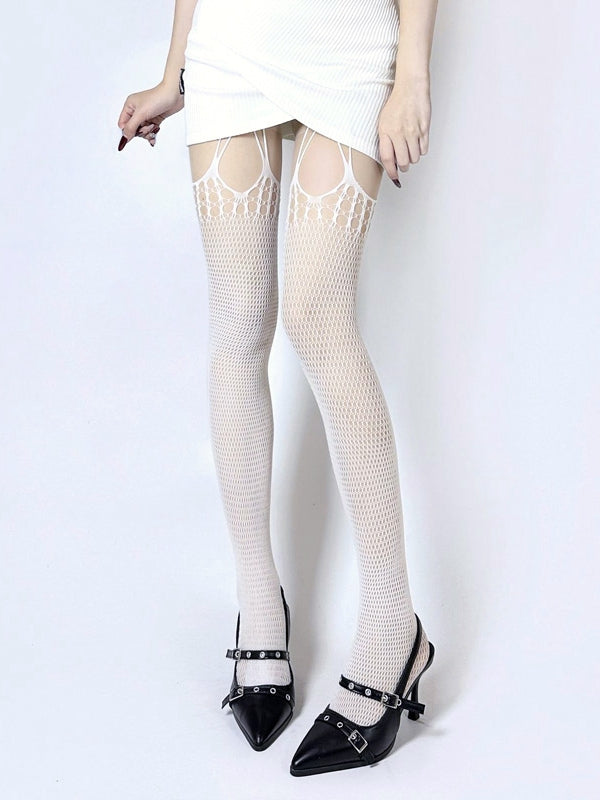 Black / White Cut-out Suspender Fishnet Tights
