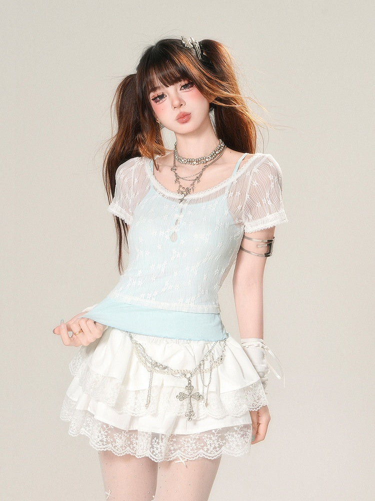 Mint Blue Slim-fitting Set Cami Top Cropped T-shirt Glamorous with Lace