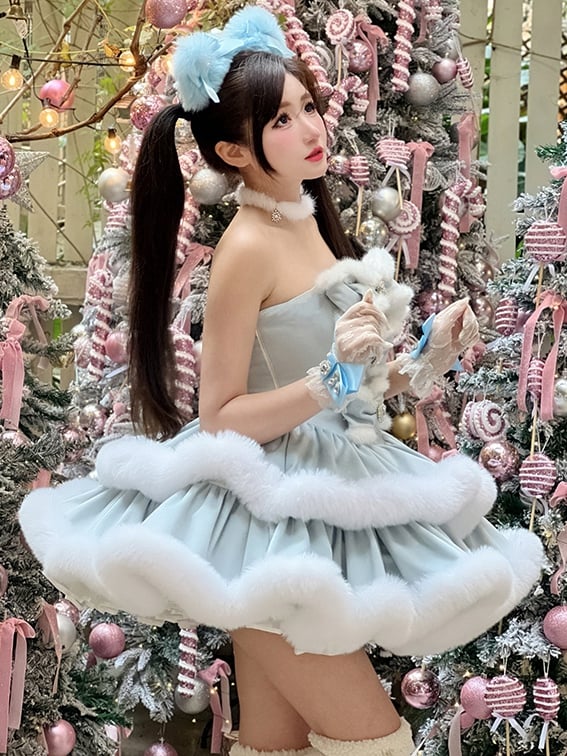 Blaues trägerloses Winterkleid mit Schneeflockenschleifen und Plüschbesatz