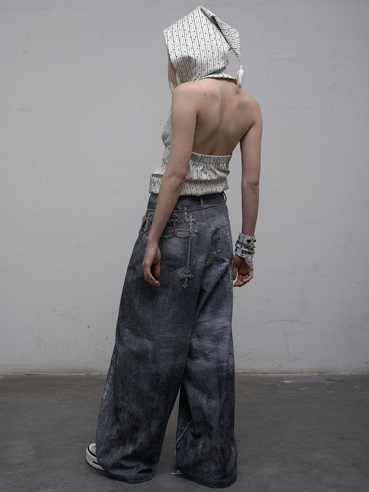 Print Lace Jeans Cut Wide-leg Blue Chain Punk Wasteland Details
