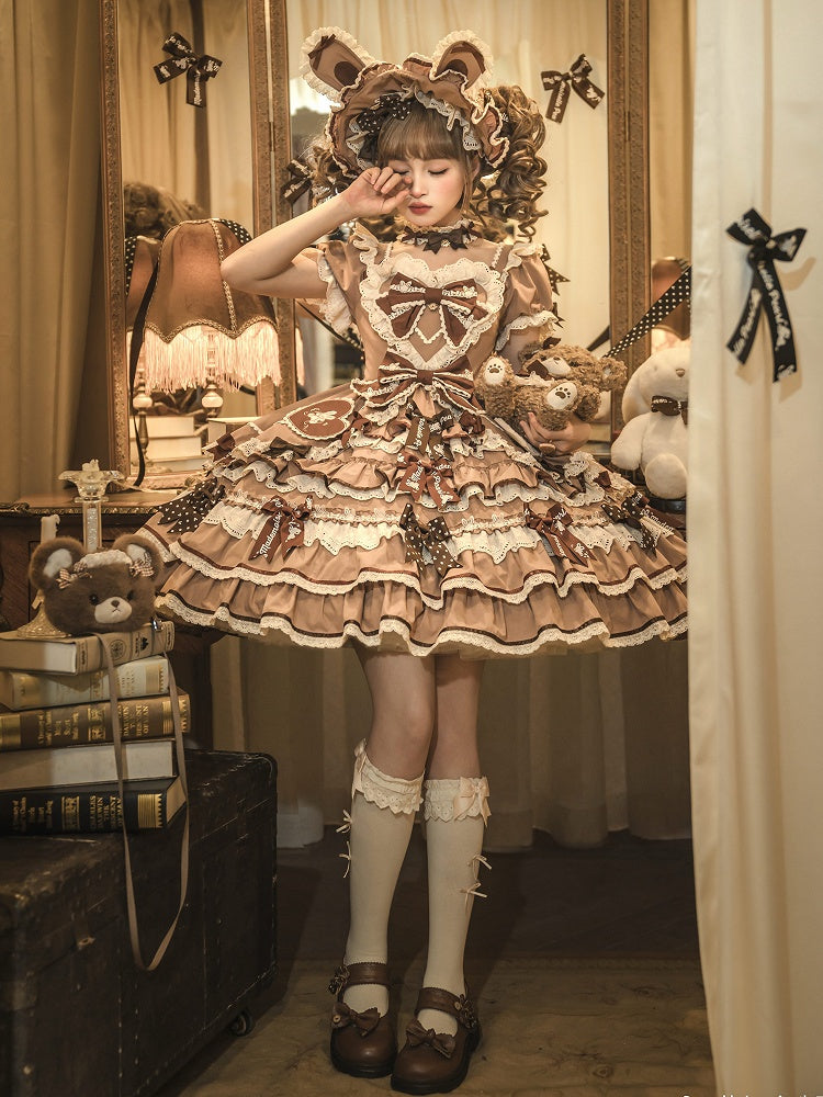 One Bow Ruffle Lolita Sweet Bunny Theme Dress Brown Accents Piece Princess
