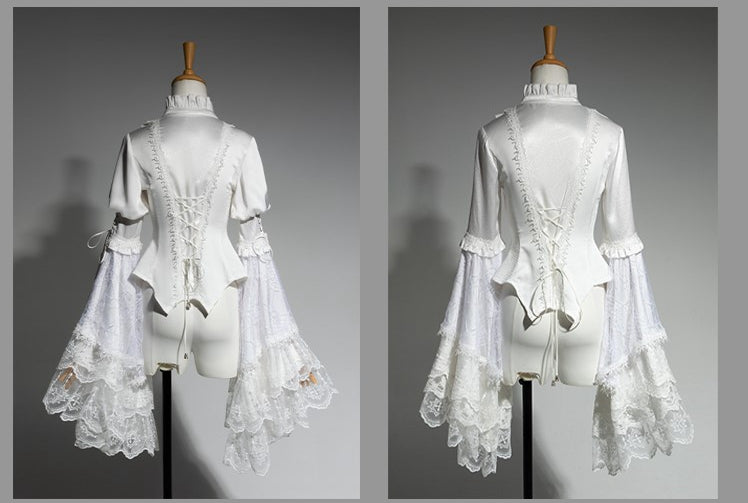 Aristocrat Sleeves Bell Ruffled Patched Lace Neck White Ouji Fashion Shirt Lolita