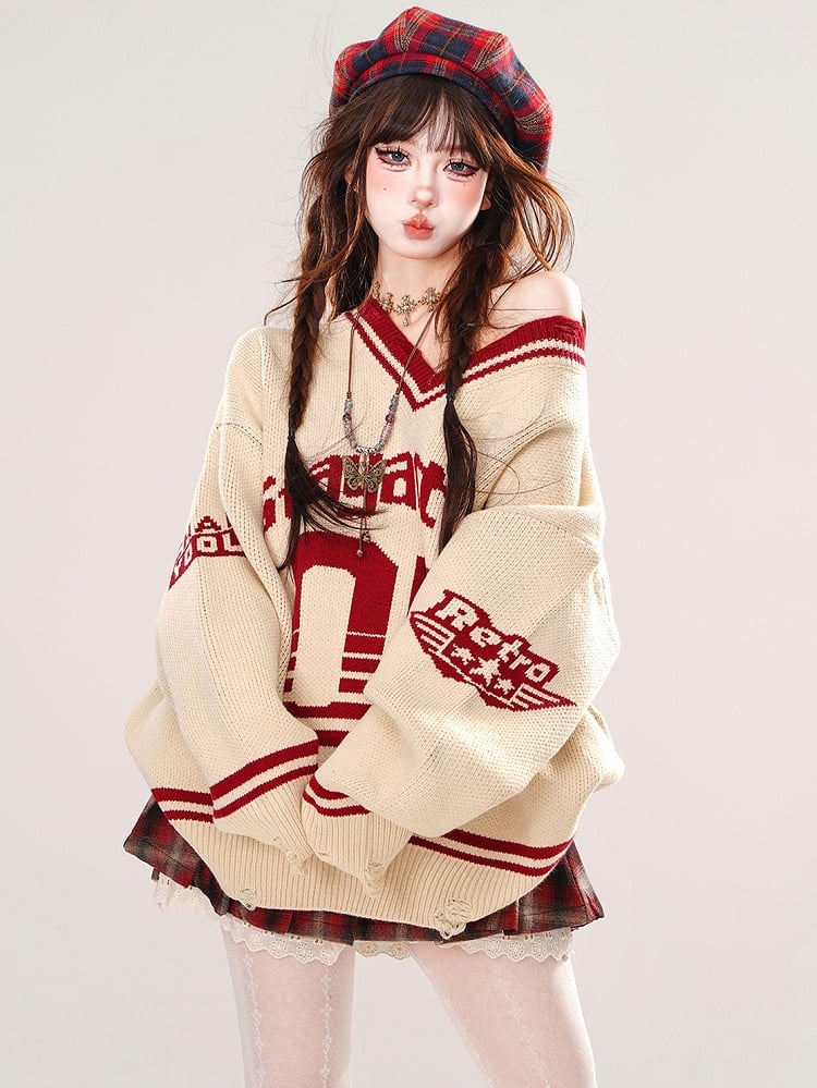 Apricot Numbers Preppy Style V-Ausschnitt Lockerer Pullover