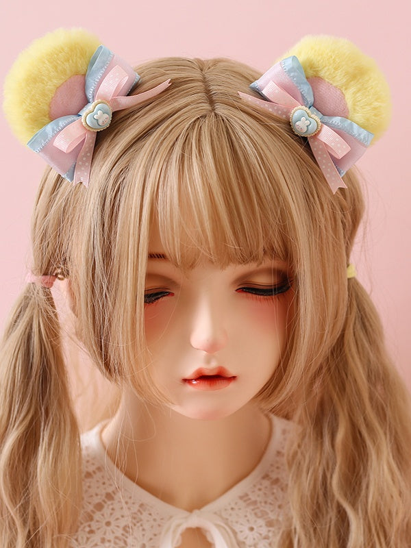 A Ear Cute Lolita Sweet Bowknot Bear Of / Hairclips Pink Yellow Pair