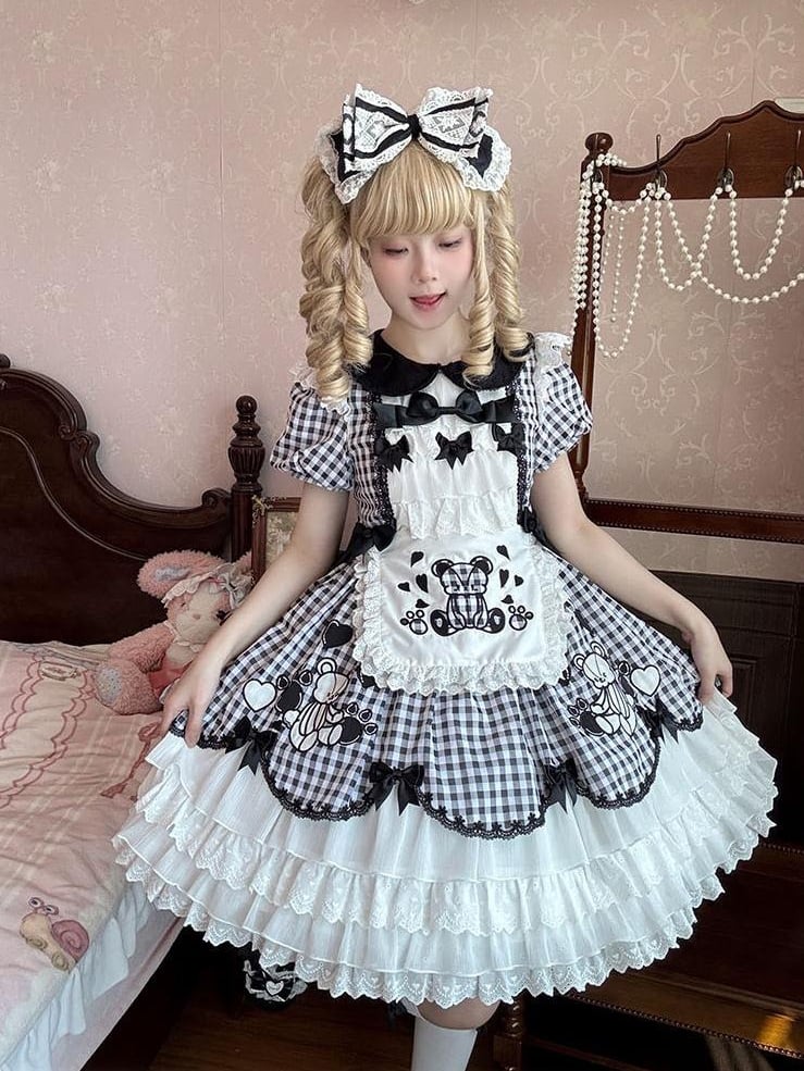 Sleeves Black White Plaid Bear Lolita Dress Skirt Puff Tiered Embroidery OP