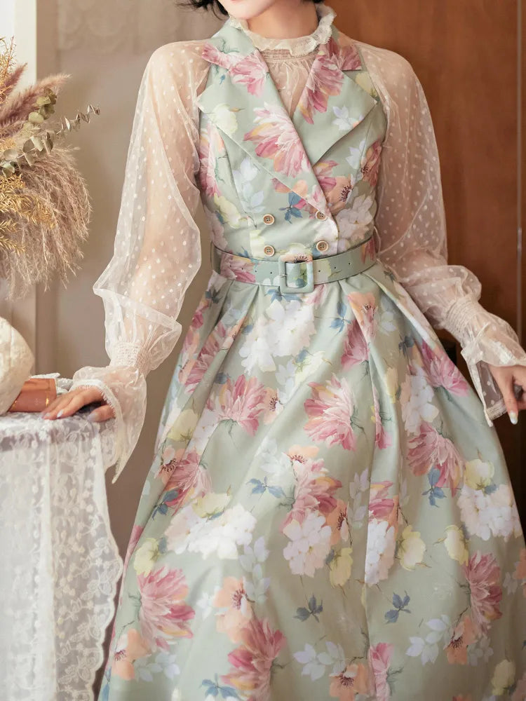 Fashion Floral Dress Blazer Retro Print Collar Green Summer 1950s