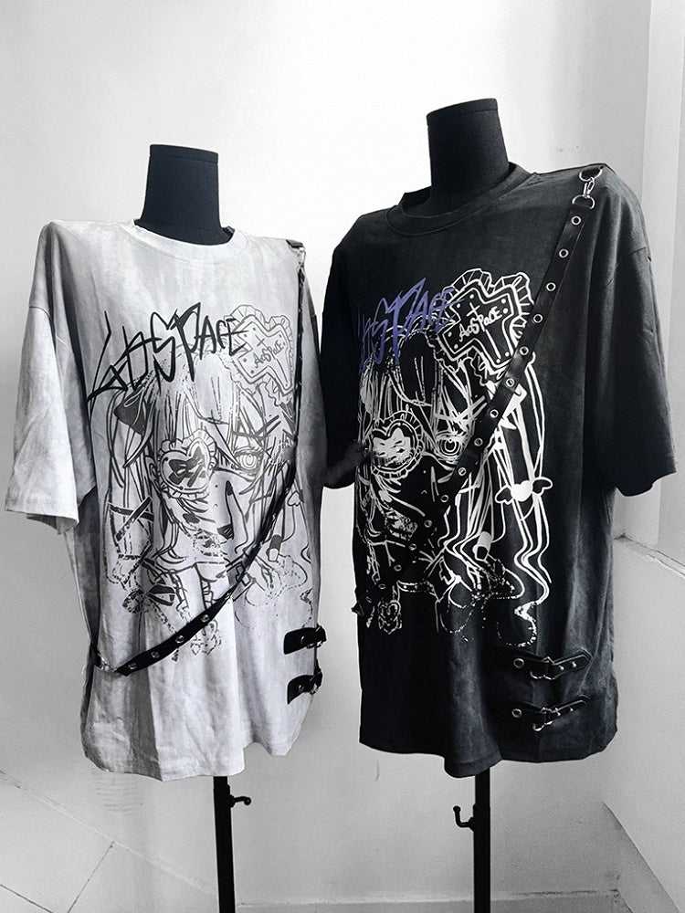 Anime Tie Strap Detachable Dye Decor Black/White T-Shirt with Print Girl Leather