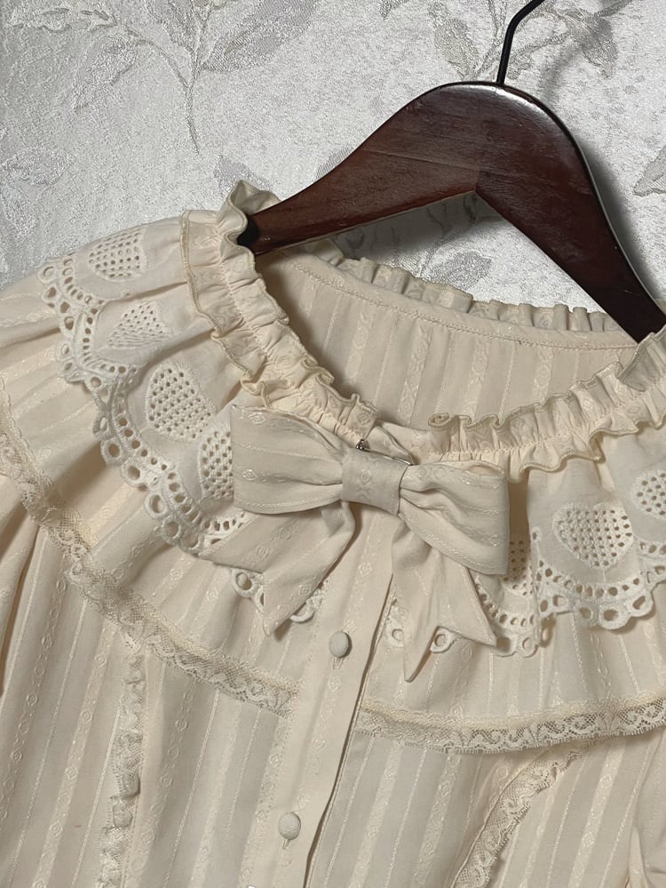 Beige Ruffle Neckline Short Puff Sleeves Blouse