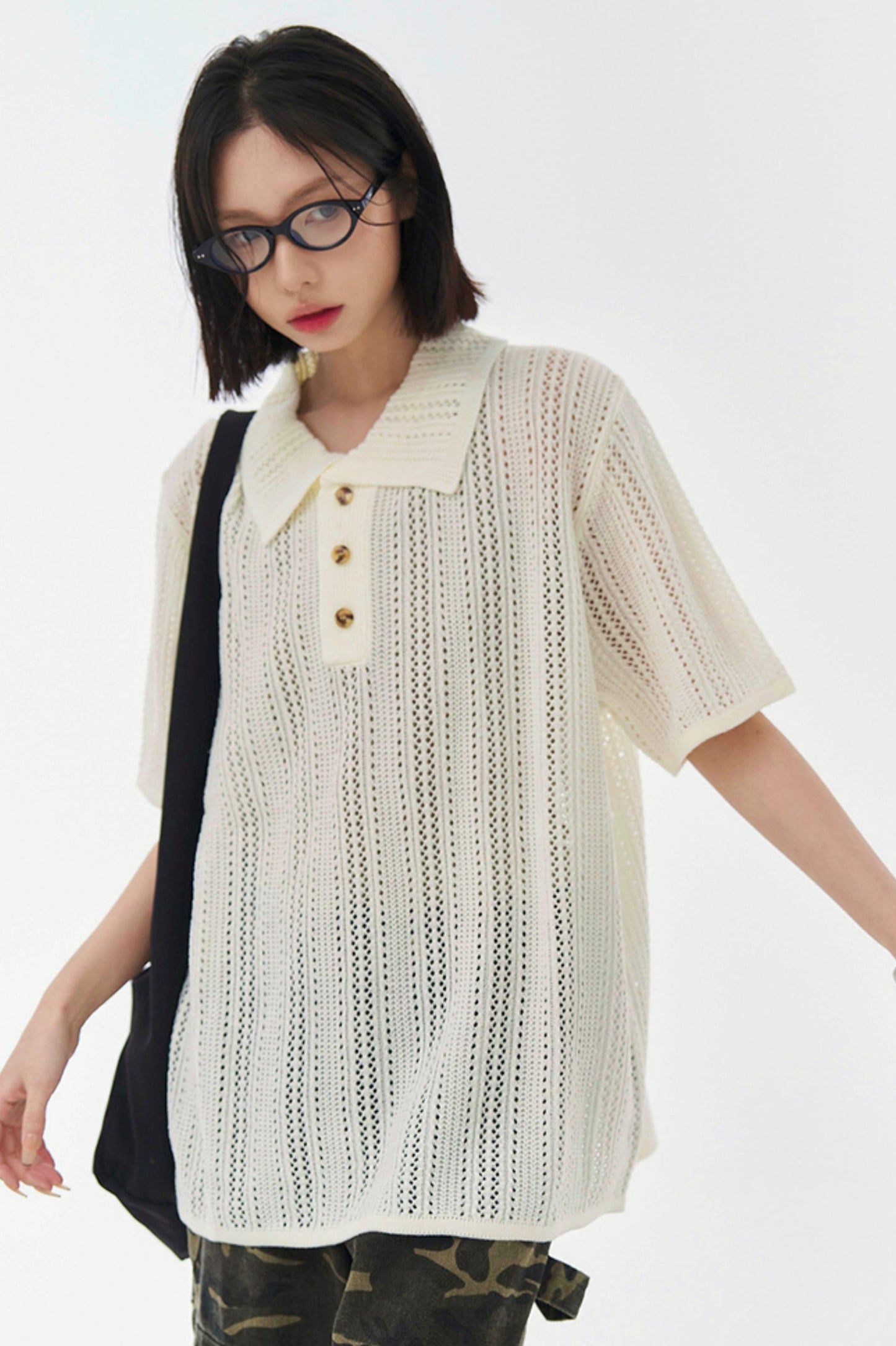 Sheer Mesh Collared T-Shirt