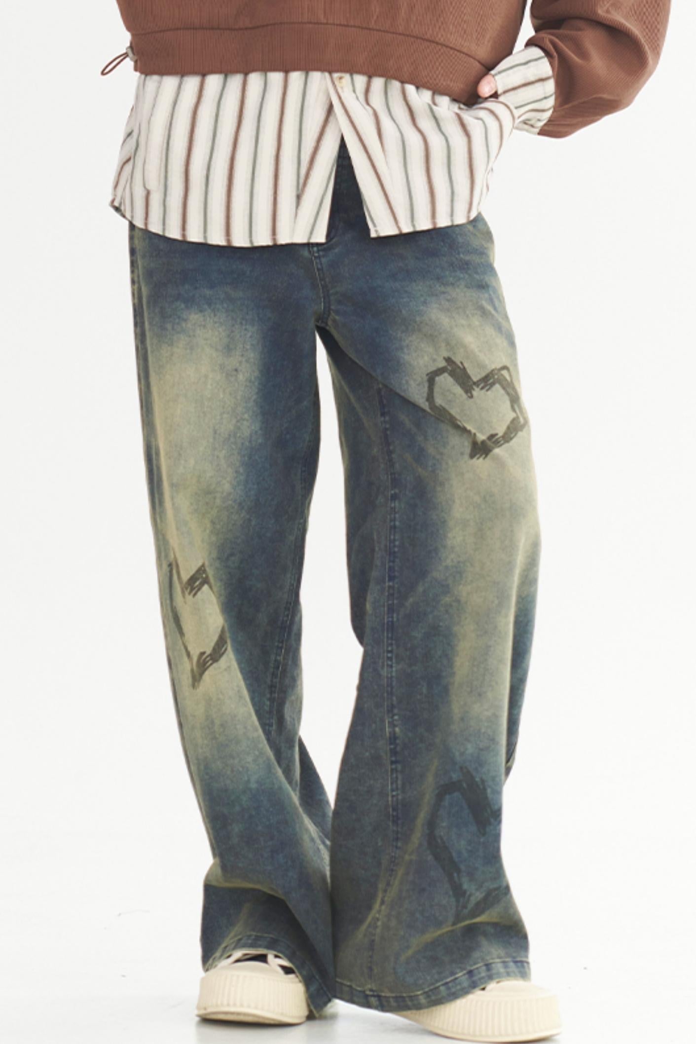 Heart Print Style Street Jeans