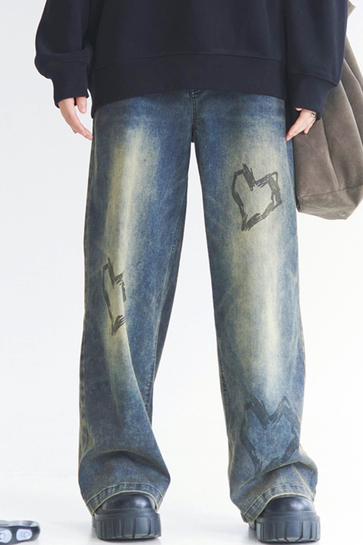 Heart Print Style Street Jeans