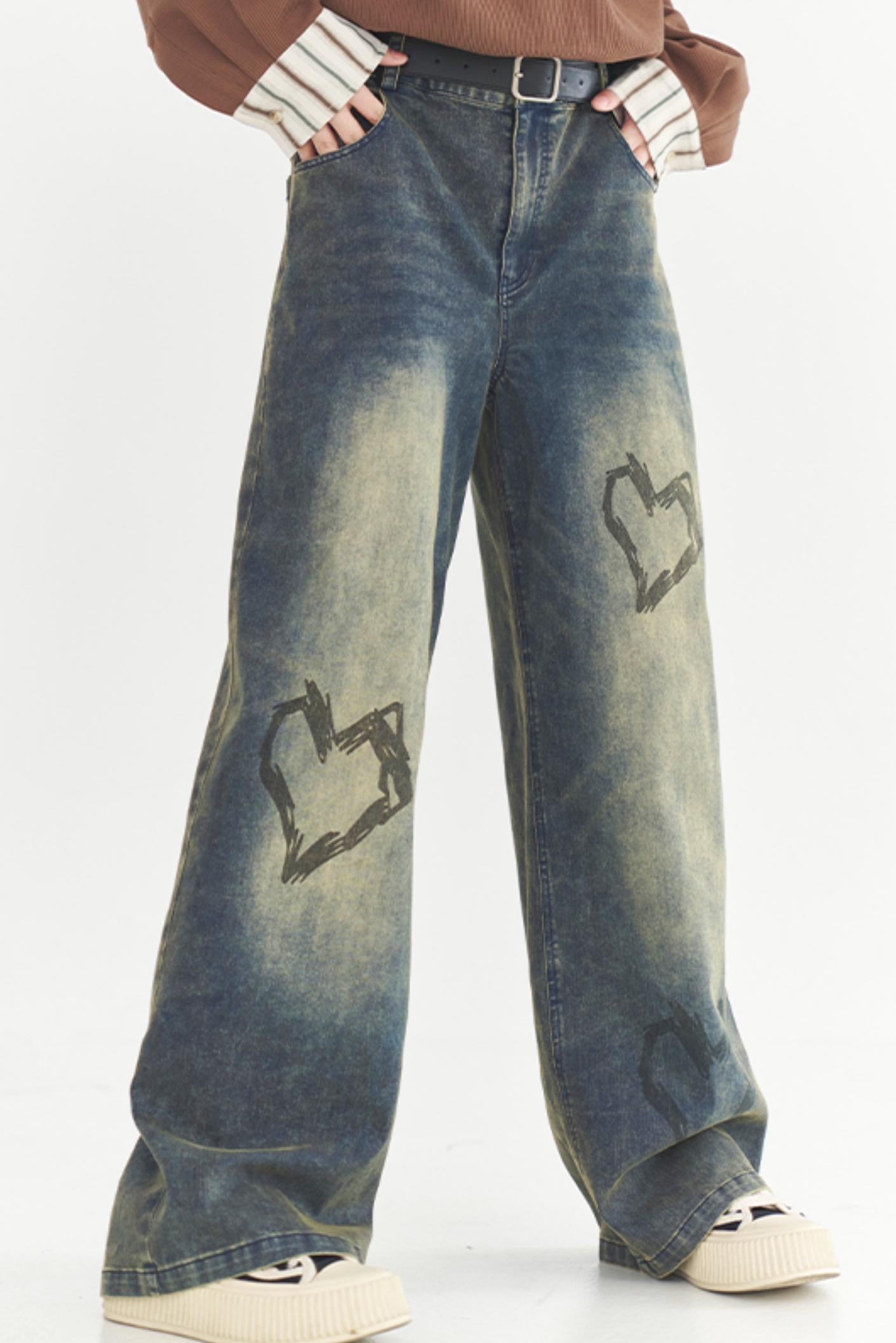 Heart Print Style Street Jeans