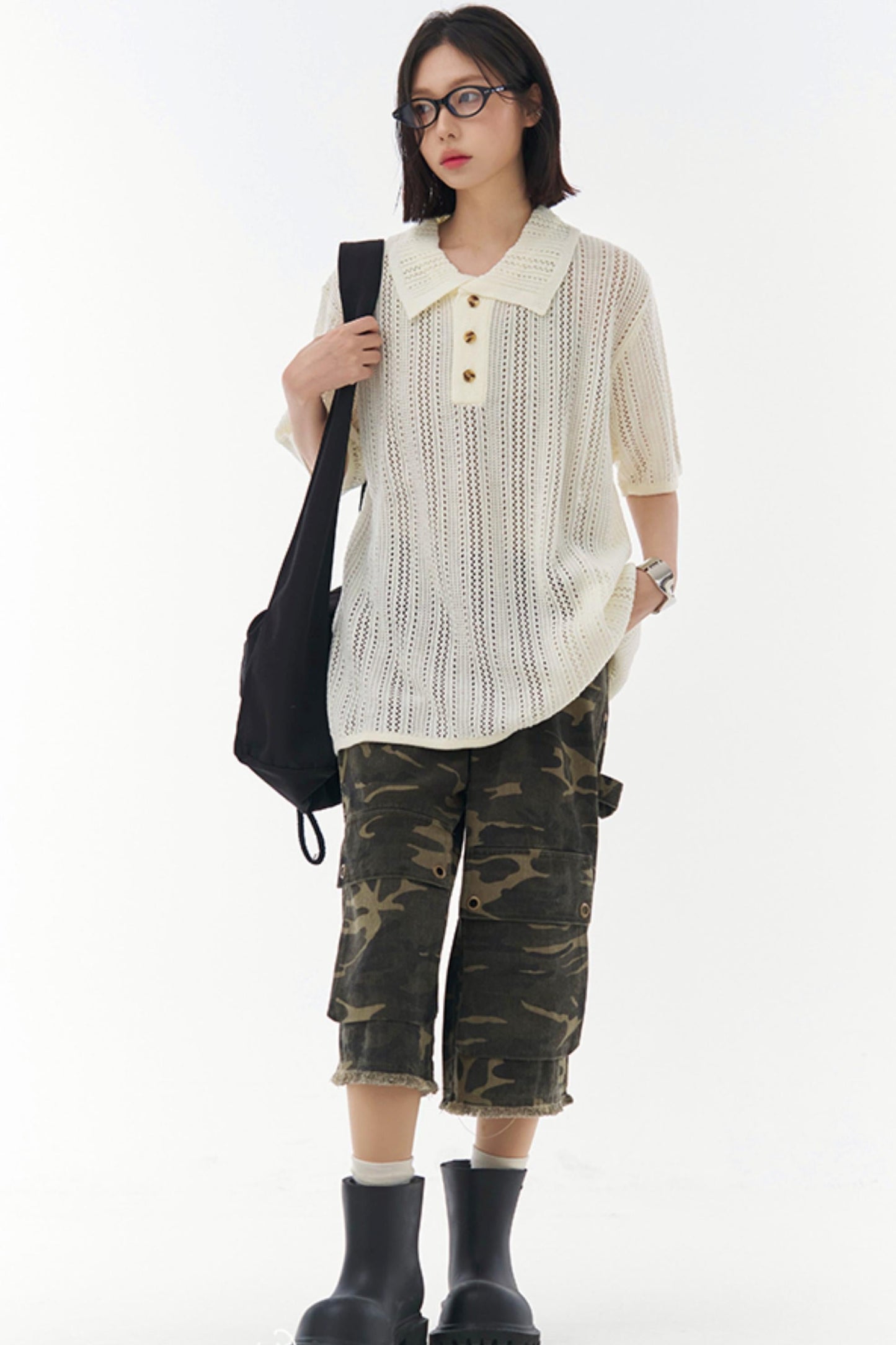 Sheer Mesh Collared T-Shirt