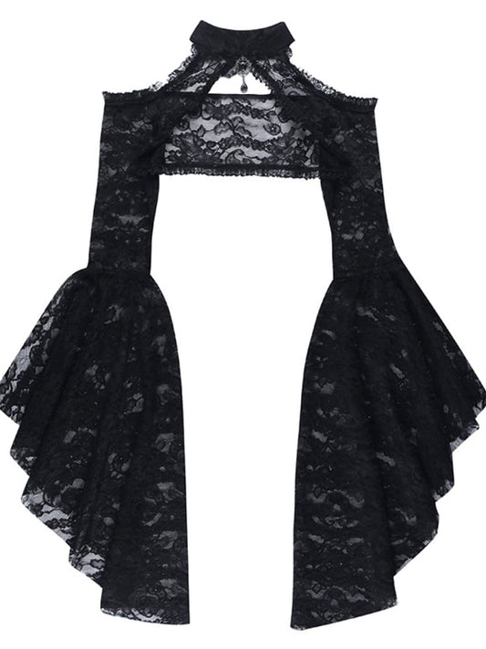 ゴシックブラックのバンドカラー、ベルスリーブ、レースシュラッグ