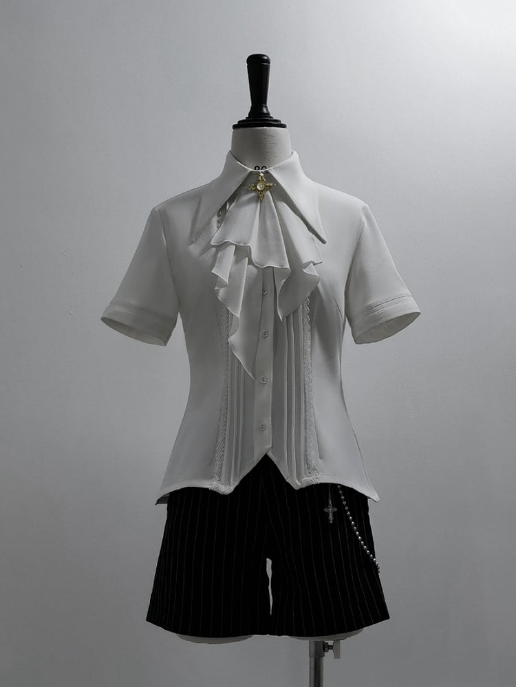 Fashion Ouji Collar Jabot Pointed Shirt Short Lolita Sleeves Foldover White