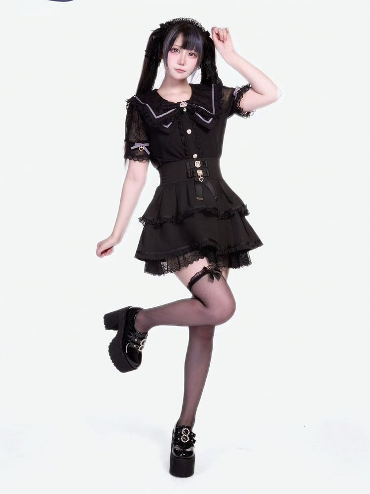 Schwarze Kei-Kragenbluse mit Schleife und Jirai