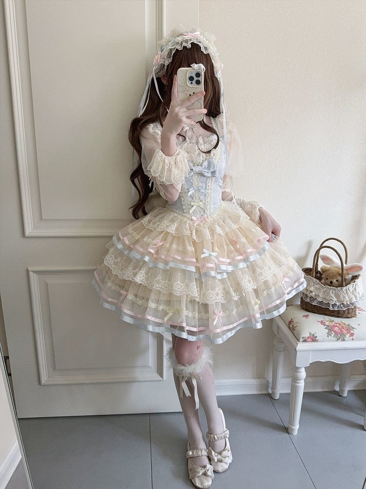mit Schleifenrock JSK Lolita Lagenblaue Taille Großes Korsett Tüllrücken bei Princess