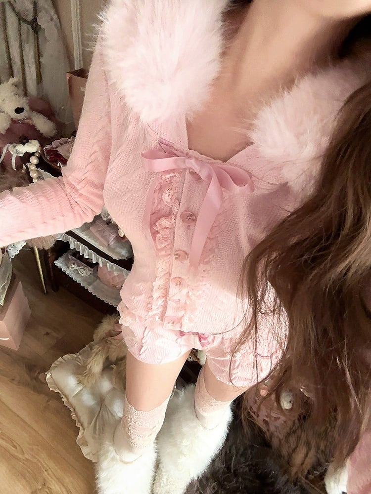 Hoodie Cardigan With Fur Knit Bow Pink Collar Faux