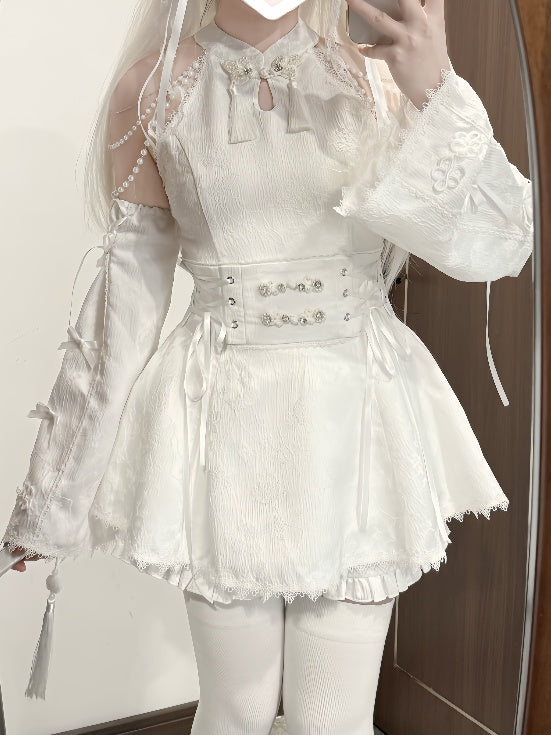 Jirai Kei White Jacquard Cheongsam with Set Detacable Collar Waist Chain+Lace-up Top Beaded Shorts