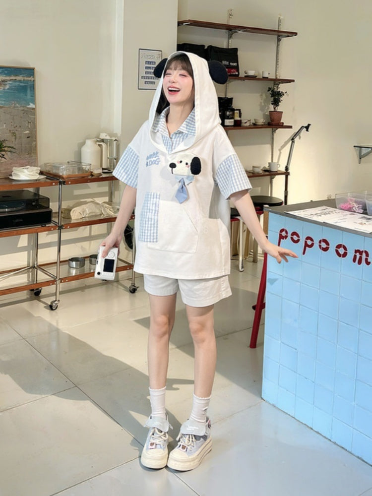 Two-pieces Puppy Ears Design Hood Pattern White and Puppy Faux T-Shirt Blue Plaid