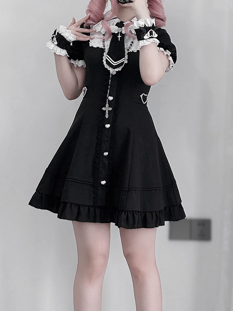 Tie Jirai Kei Set- Wrist + Black Available Lace Trim Dress + Cuffs Size Plus Shorts