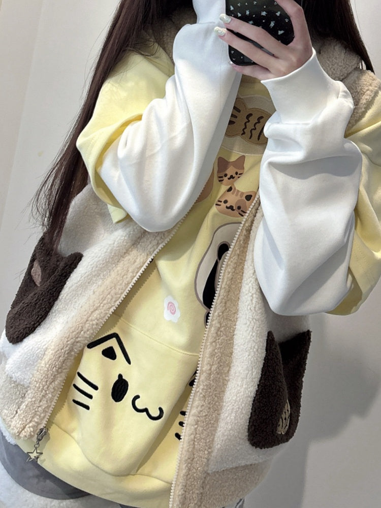 Cozy Khaki Kitty Ear Hood Fleece Vest with Taiyaki and Cat Embroidery Adorable Cat Pockets