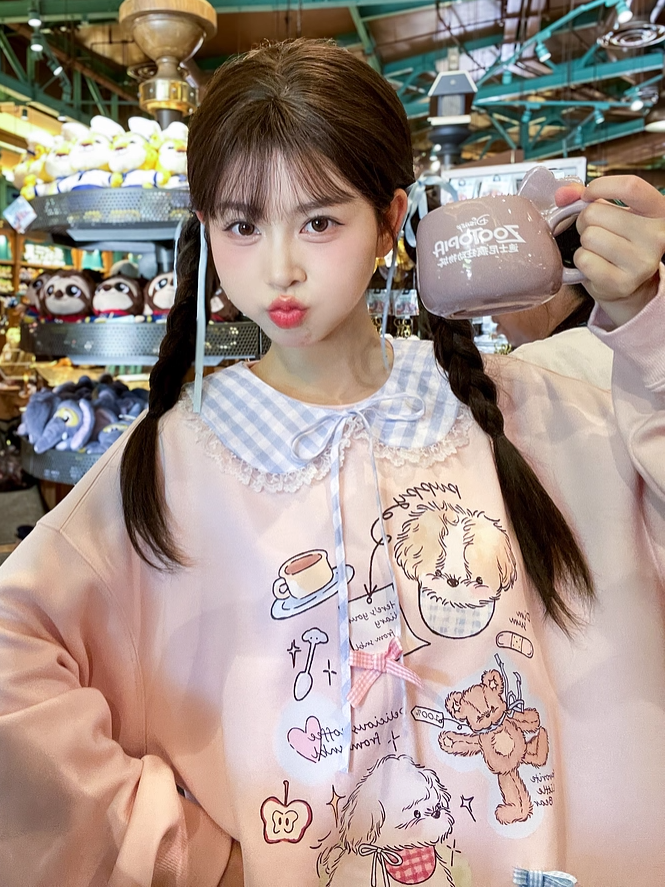 Adorable Cartoon Puppy Print Pink Round Loose Neck Sweatshirt
