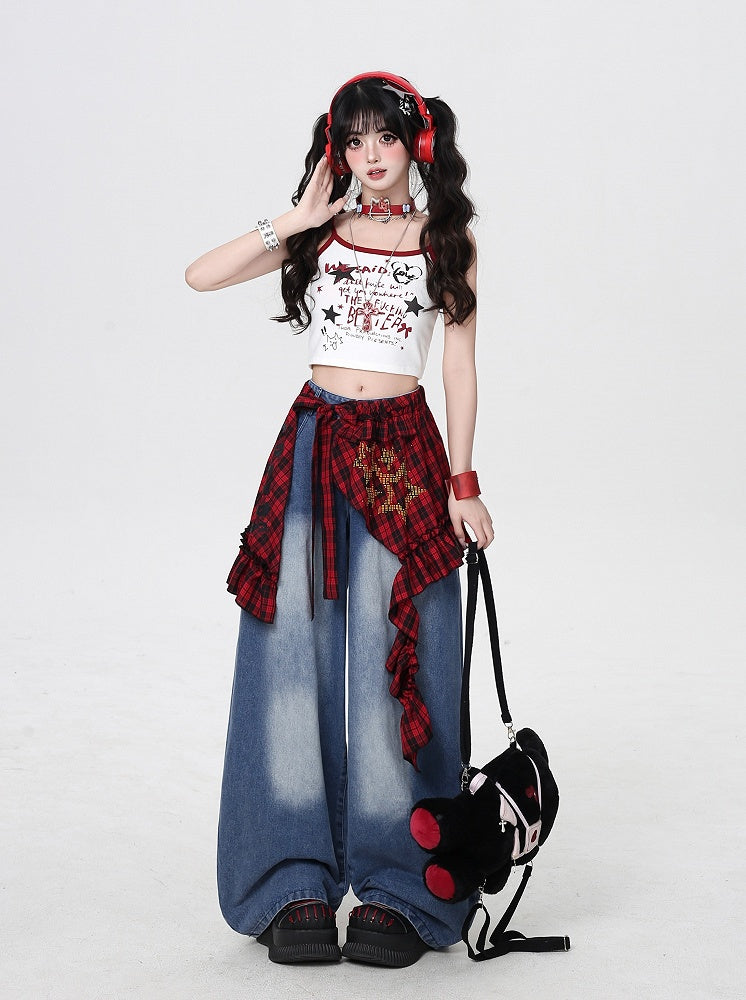Rise Faded Wash Blue Low Wide-leg Jeans with Red Plaid Waist Accessory