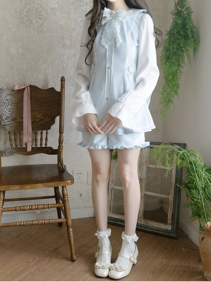 Blaues Minikleid mit Peter-Pan-Kragen + Rüschen-Set – leichte Shorts mit Jirai-Kei-Saum